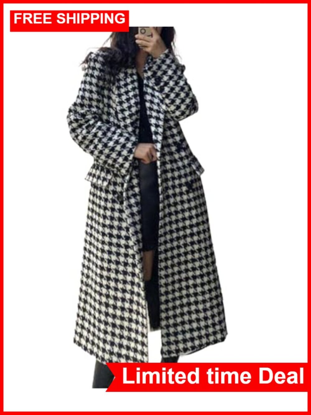 Womens Winter Houndstooth Double Breasted Wool Blend Trench Coat Quilted Lined